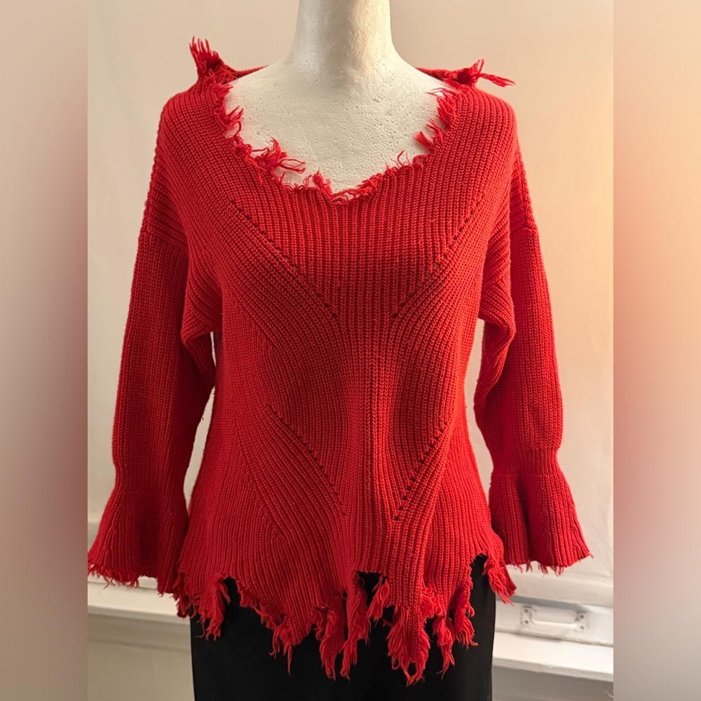 LOFT Red Destructed Shaggy V-Neck Sweater - Size Small